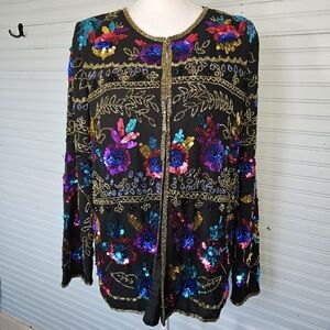 Drapers & Damon Black Party Jacket Multi-Color Beaded Sequin Floral Design Sz S